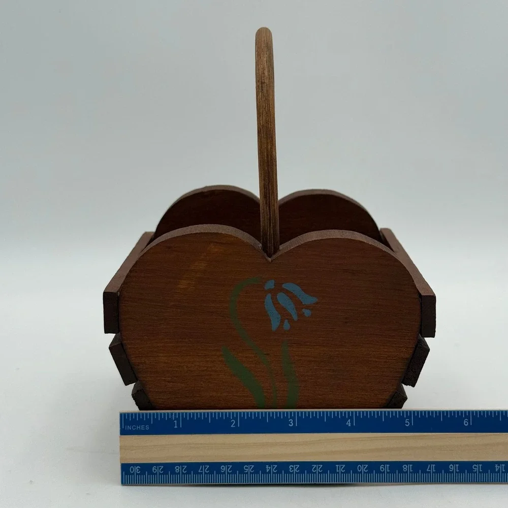 Vintage Wooden Heart Basket Small Rustic Slatted Crate Blue Floral Hand Painted